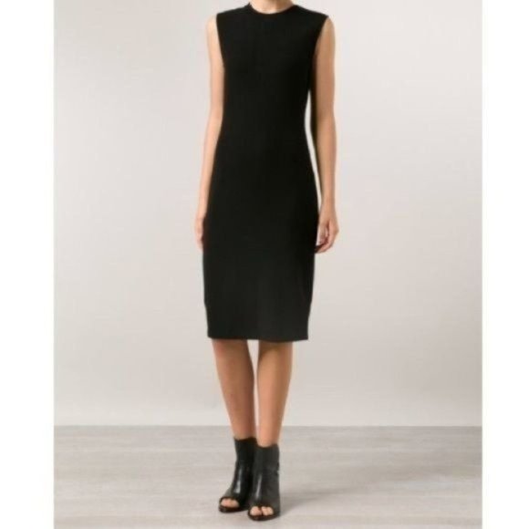 VINCE RIBBED KNIT PENCIL ROUND NECK SLEEVELESS MIDI KNEE LENGTH DRESS BLACK S - Picture 2 of 9